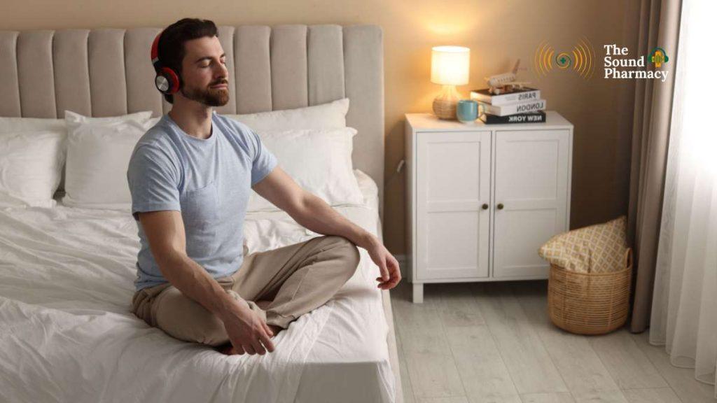 sound therapy session at home with headphones for relaxation