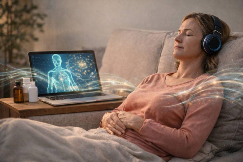 Acute infection support sound session woman listening with headphones focusing on body recovery and immune support