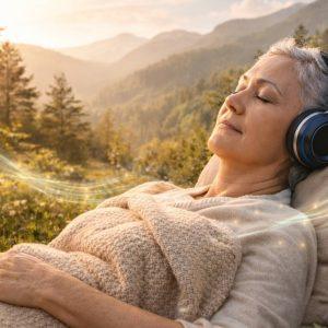 Acute infection support sound session woman resting in nature with headphones supporting recovery and restoring body balance