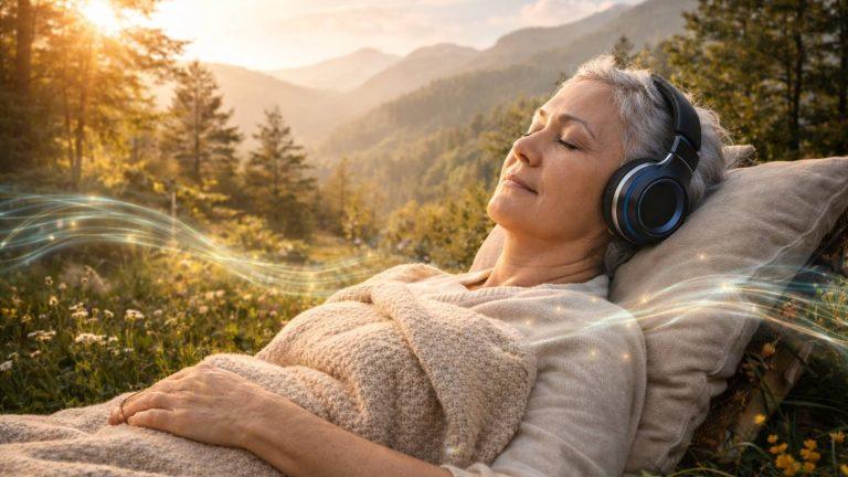 Acute infection support sound session woman resting in nature with headphones supporting recovery and restoring body balance