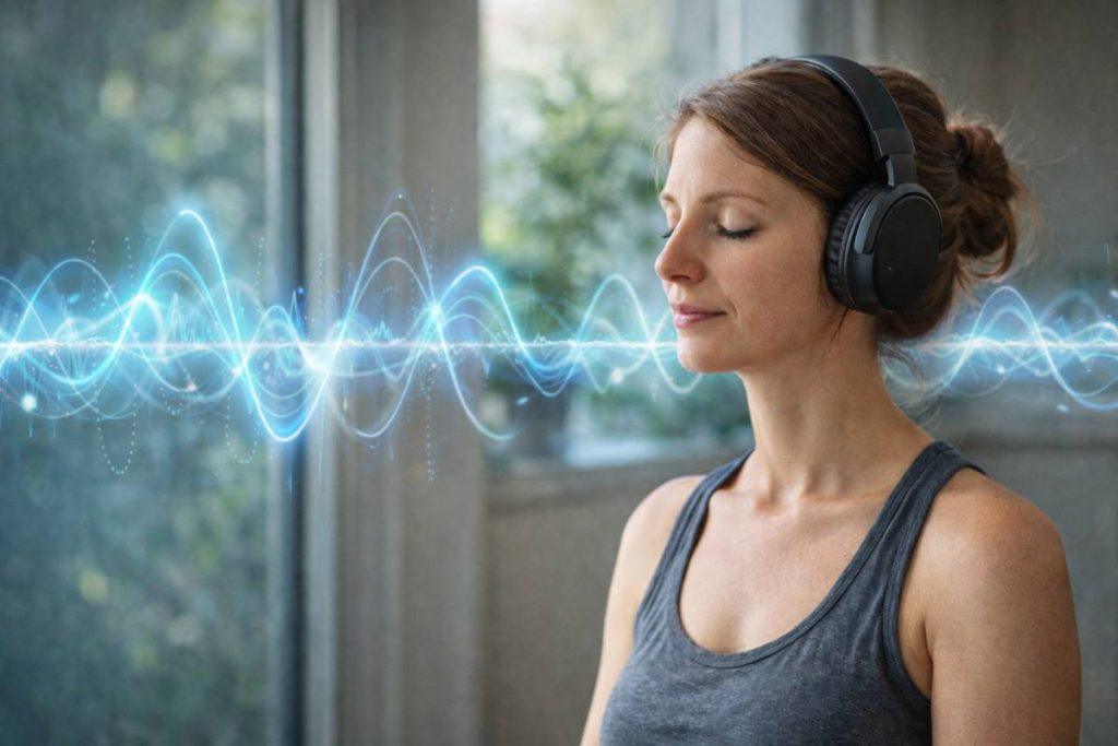 Aluminium Detox Sound Sessions 1 woman listening to frequencies with headphones in calm natural light environment