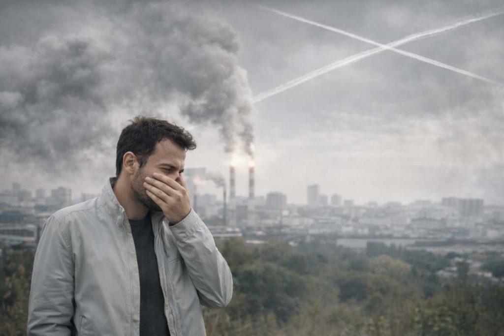 Heavy metal detox sound session 1 man in polluted urban air with factory smoke and airplane trails showing environmental exposure