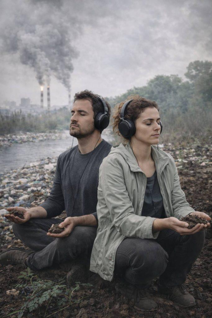 Heavy metal detox sound session 1 people with headphones surrounded by polluted air water and soil while maintaining calm and balance