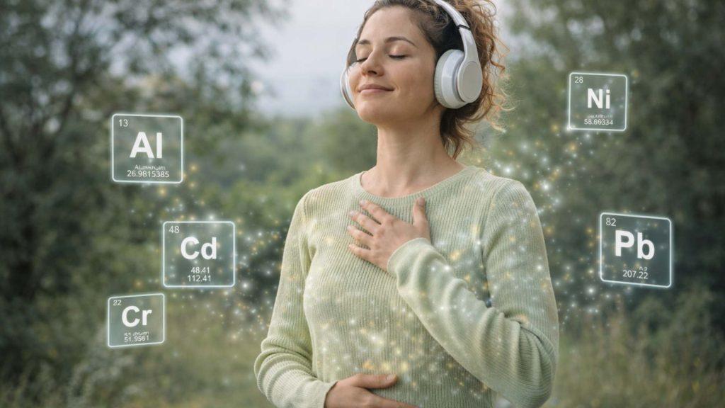 Heavy metal detox sound session 1 woman with headphones in nature surrounded by heavy metal elements representing internal detox and balance