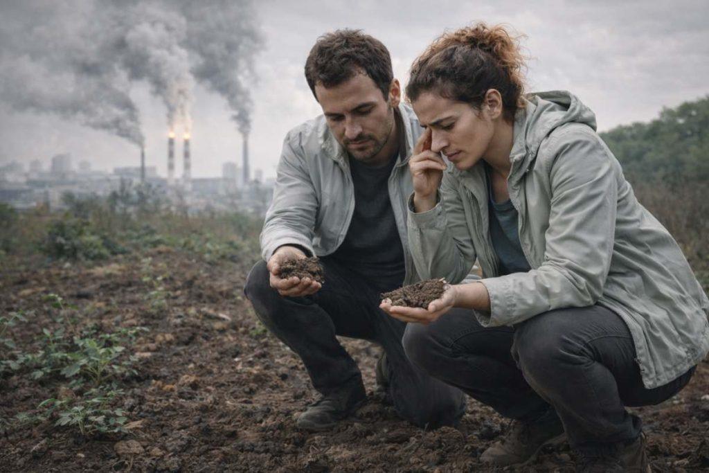 Heavy metal detox sound session 1 couple examining contaminated soil representing exposure through land and food sources