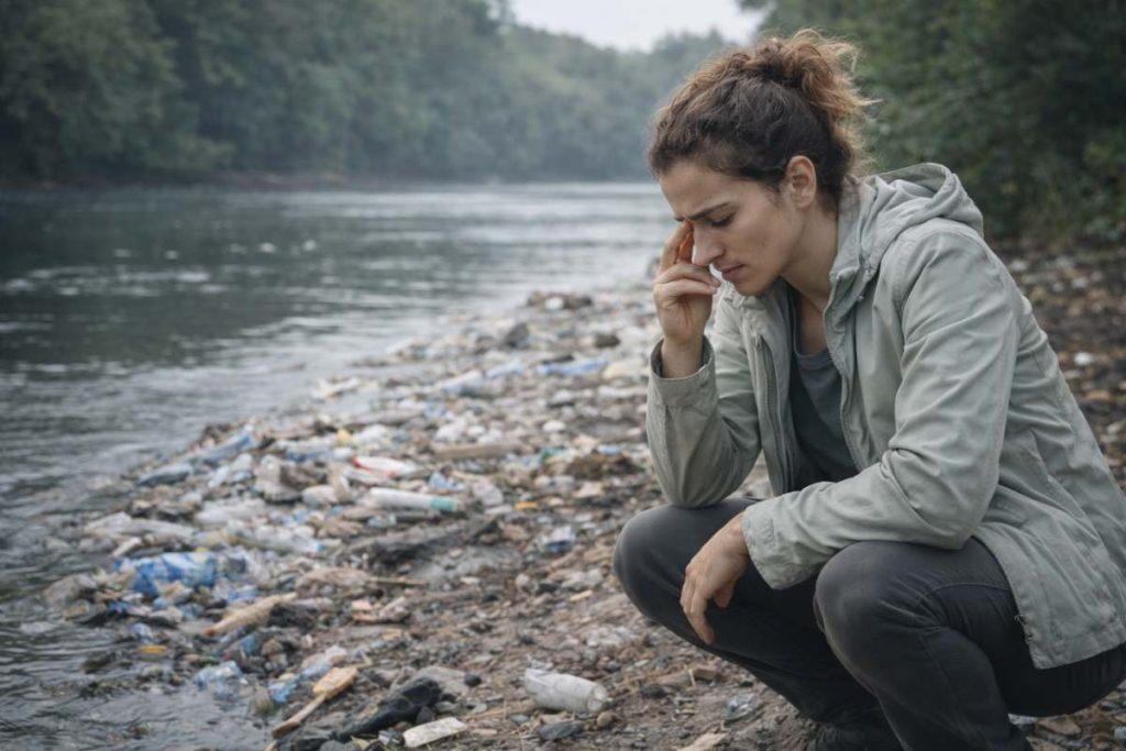 Heavy metal detox sound session 1 woman near polluted river showing water contamination and exposure to heavy metals