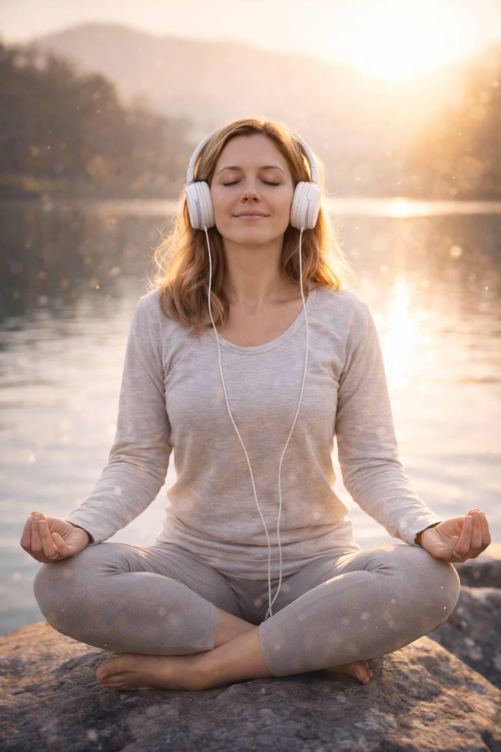 drainage arvi sound session 1 woman listening to frequencies in nature feeling calm breathing and balance