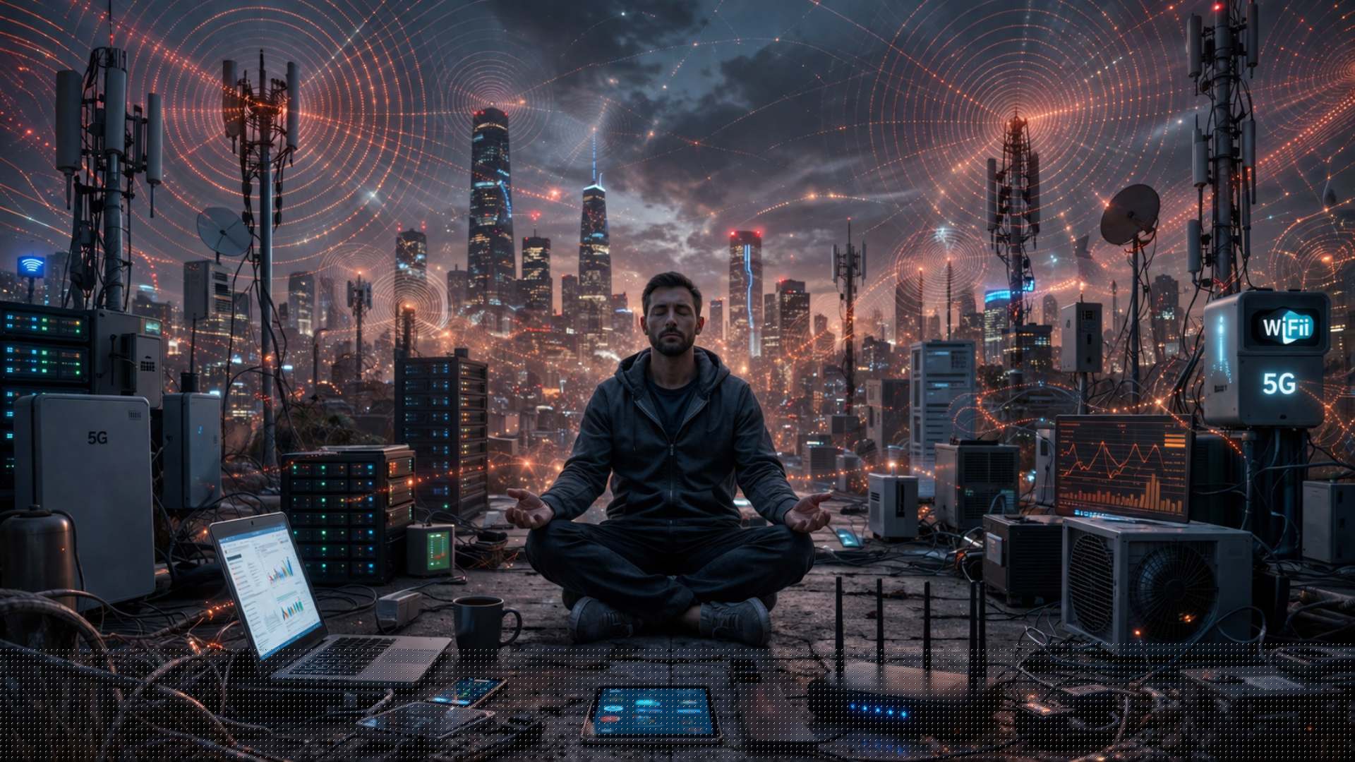 Electric smog detox sound session man meditating surrounded by antennas, servers and urban electromagnetic environment