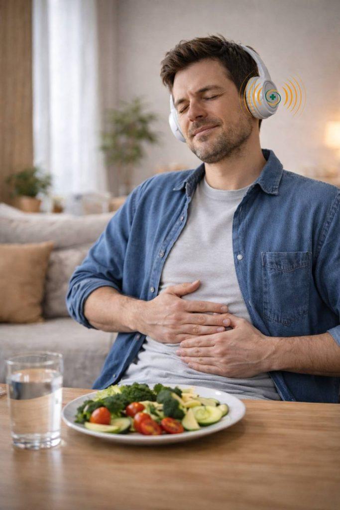 liver detox sound session 1 man listening to frequencies with hands on stomach and healthy food