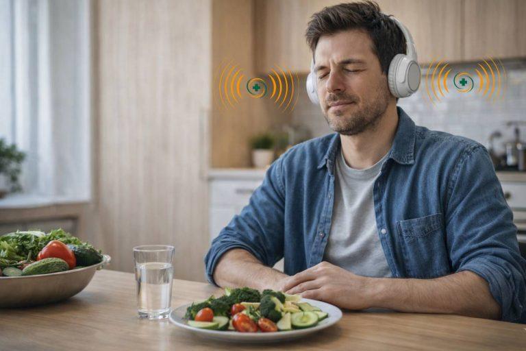 liver detox sound session 1 man listening to frequencies with healthy food for liver support