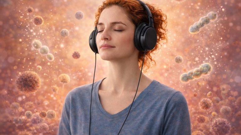 Mycotic Infection Detox Sound Session 1 woman with headphones surrounded by microscopic fungal environment while maintaining calm and inner balance