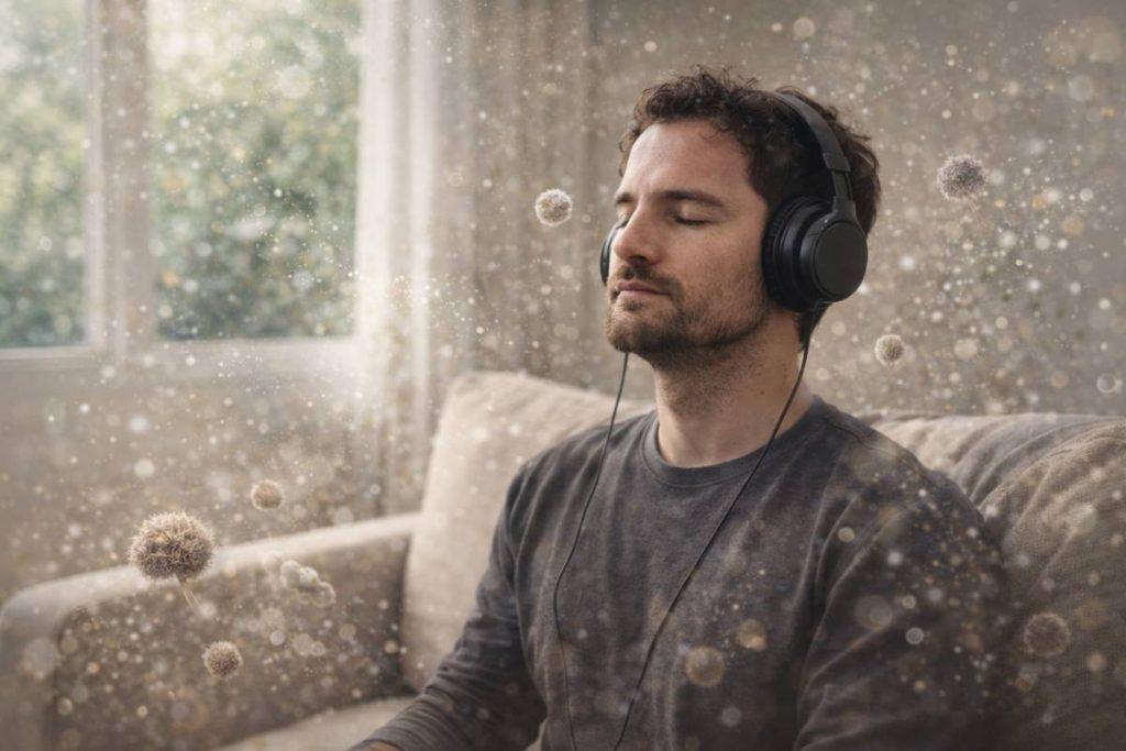 Mycotic Infection Detox Sound Session 1 man with headphones in home environment with air particles and indoor exposure while staying calm