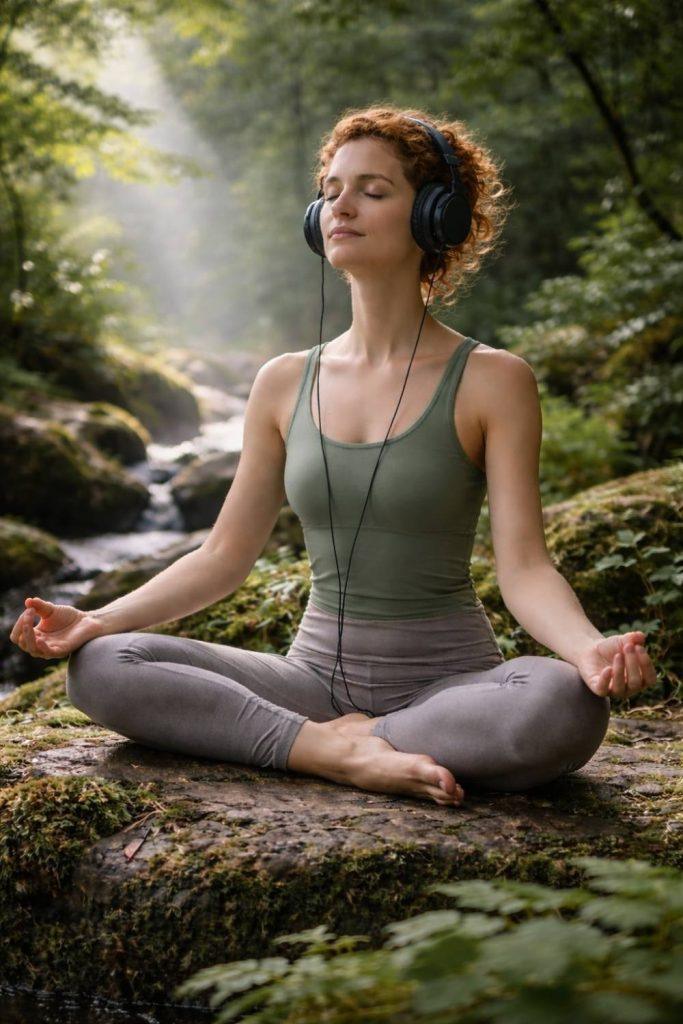 Mycotic Infection Detox Sound Session 1 woman with headphones in damp indoor environment with humidity and microbial exposure while remaining calm and balanced