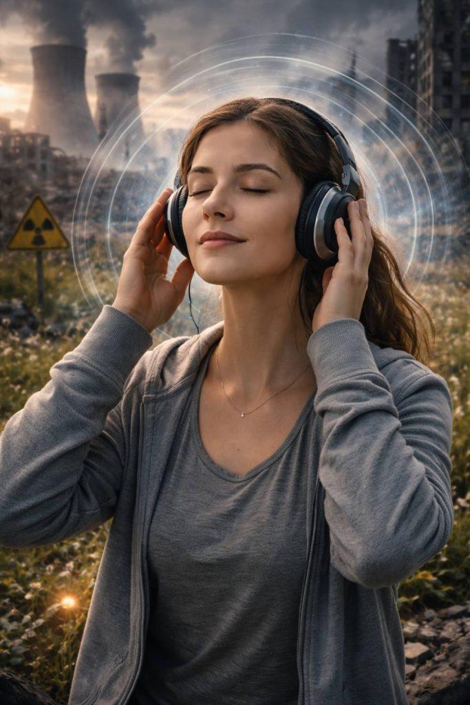 radiation detox sound session 1 healthy woman listening to frequencies in urban radiation environment