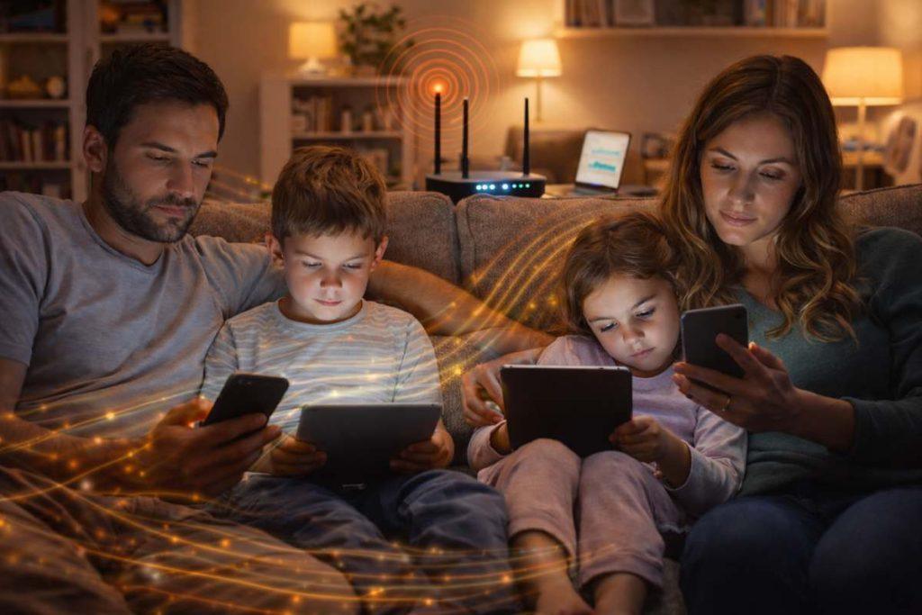 The electric smog detox sound session 1 family at home using phones tablets and devices surrounded by everyday electromagnetic exposure