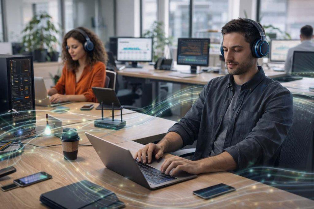 The electric smog detox sound session 1 people working on computers in office surrounded by everyday electronic devices